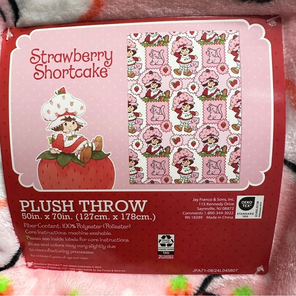 Strawberry Shortcake Plush Throw Pink White Blanket With Cat Friend 50